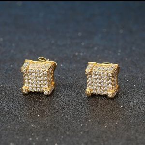 MENS GOLD SQUARE POST DIAMOND EARRINGS NEW